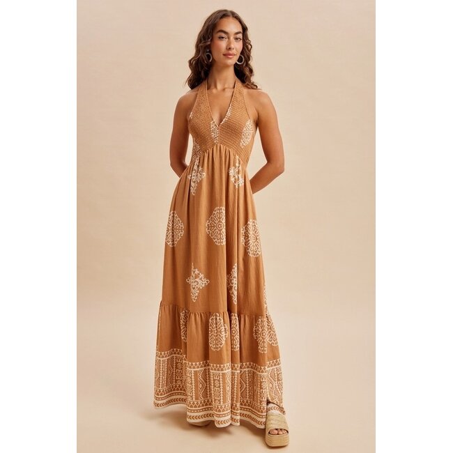 Smocked Border Print Maxi Dress In Sandalwood