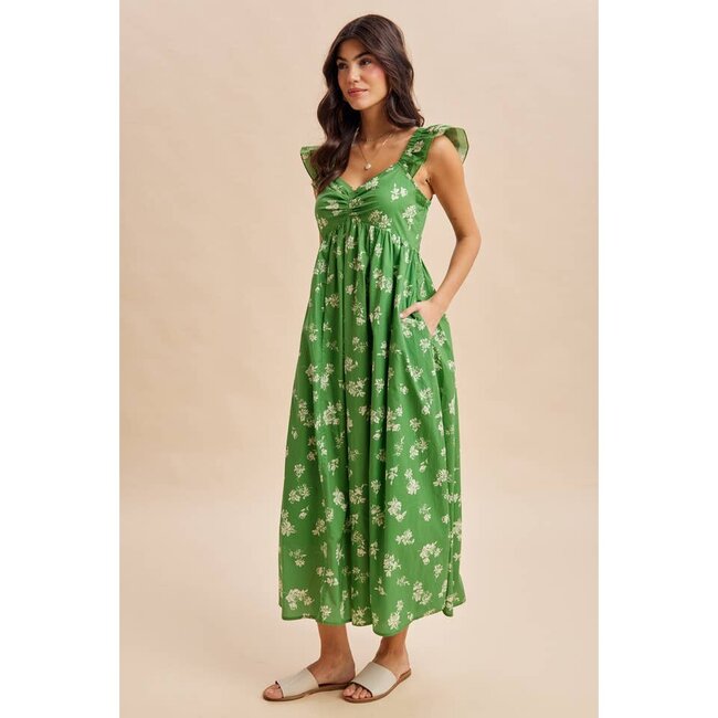Cotton Floral Maxi Dress In Fern