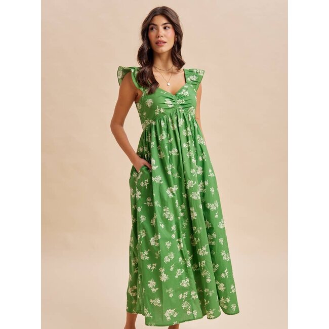 Cotton Floral Maxi Dress In Fern