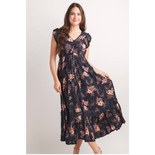 Papillon Navy Floral Short Sleeve Button Front Dress