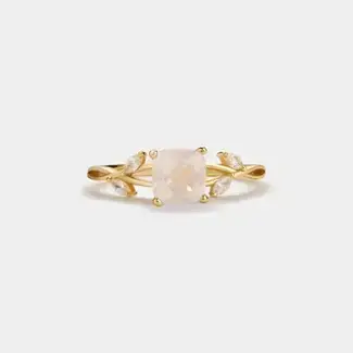 Adjustable Pink Rose Quartz Leaf Ring in Gold