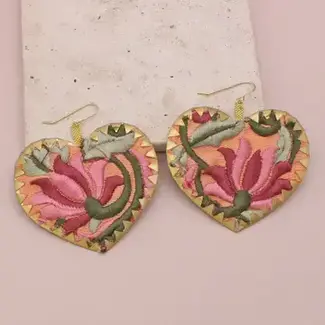 Pink Embroidered Crimped Heart Earrings