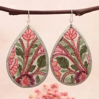 Pink Green Floral Embroidered Teardrop Earrings