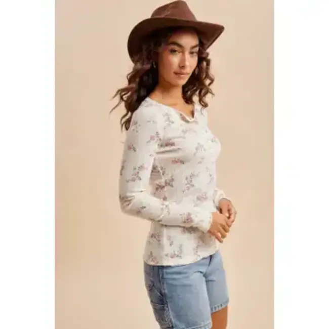Floral Henley Snap Long Sleeve Top