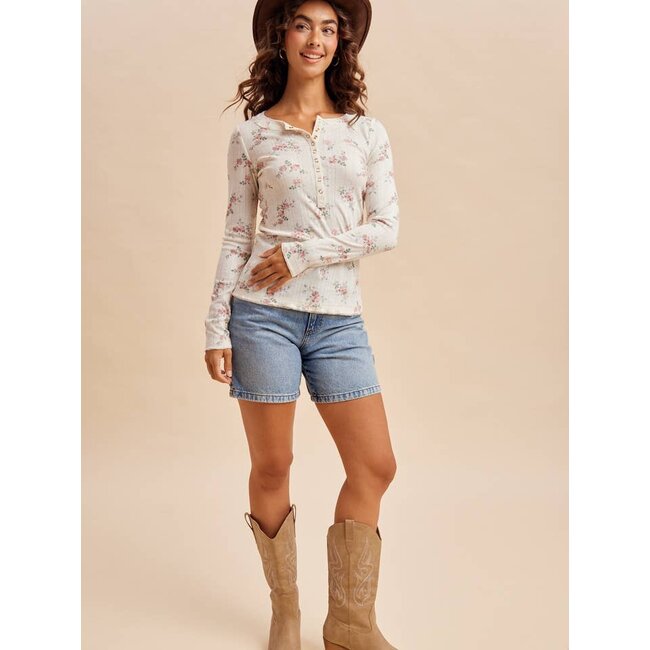 Floral Henley Snap Long Sleeve Top