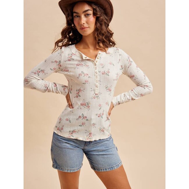 Floral Henley Snap Long Sleeve Top