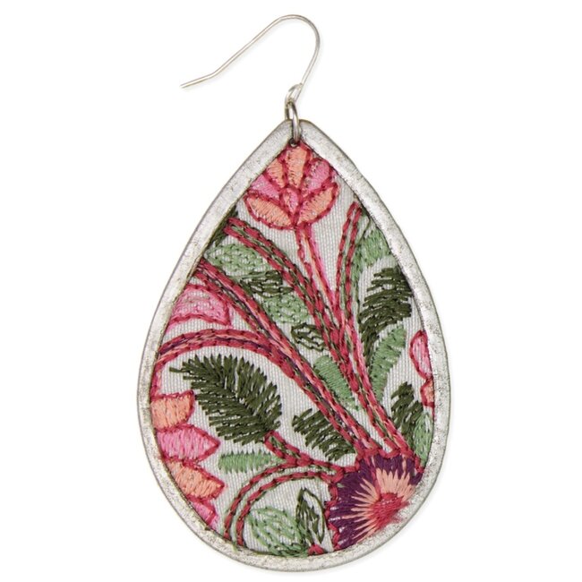 Pink Green Floral Embroidered Teardrop Earrings