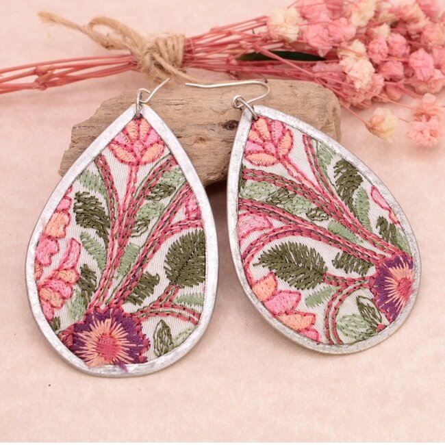 Pink Green Floral Embroidered Teardrop Earrings