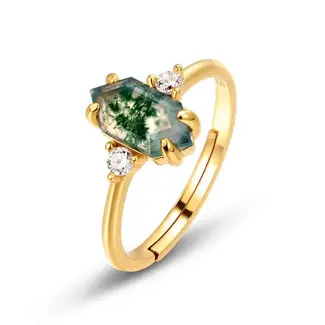Hexagon Cut Moss Agate Cocktail Ring in Gold