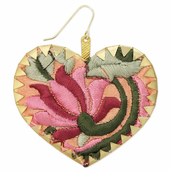 Pink Embroidered Crimped Heart Earrings