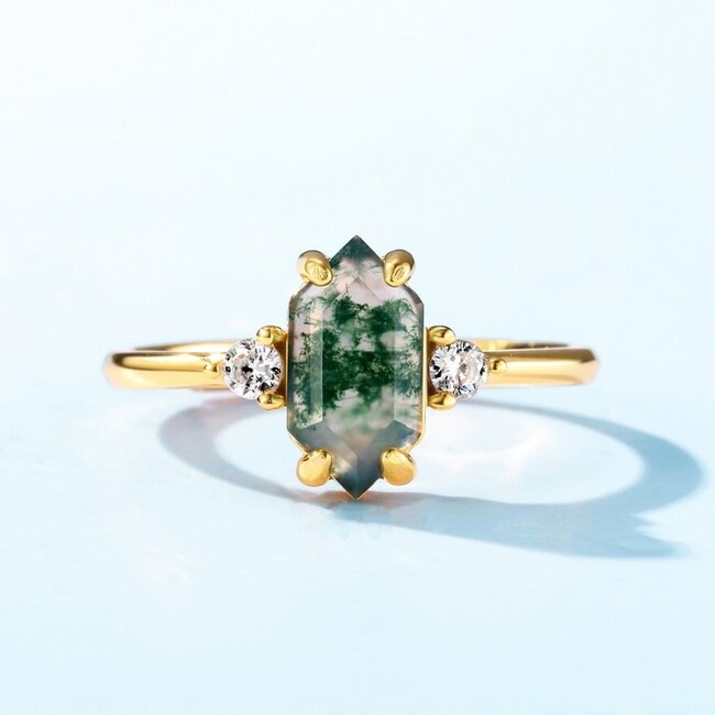 Hexagon Cut Moss Agate Cocktail Ring in Gold