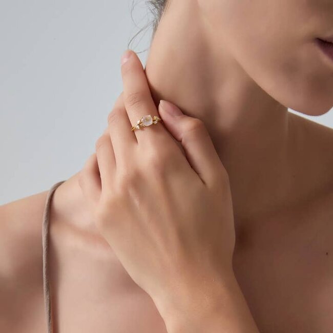 Adjustable Pink Rose Quartz Leaf Ring in Gold