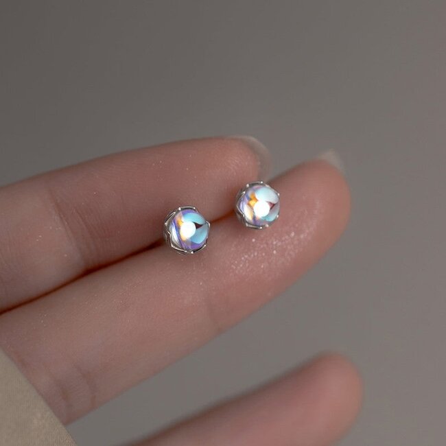 Tiny Round Moonstone Stud Earrings in Silver