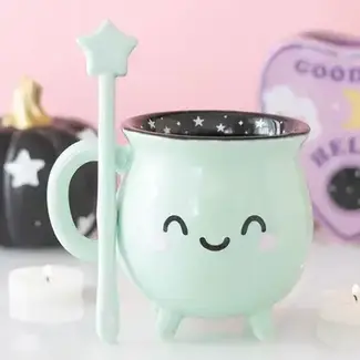 Mint Green Kawaii Cauldron - Halloween Mug with Wand Stirrer