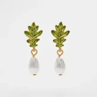 Fable England Oak Leaf Pearl Drop Gold Earrings