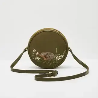 Fable England Chloe Hedgehog Embroidered Circle Bag in Khaki Suede