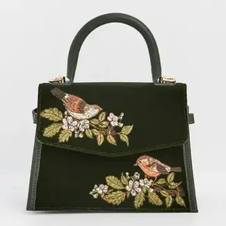 Fable England Eliza Wren Embroidered Top Handle Bag in Green Velvet