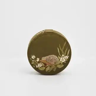 Fable England Hedgehog Embroidered Round Jewellery Box in Khaki Suedette