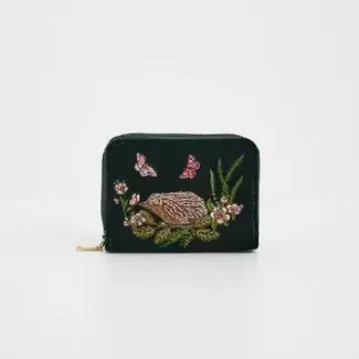 Fable England Hedgehog Embroidered Small Wallet in Forest Green Velvet