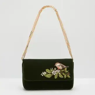 Fable England Sophia Wren Embroidered Occasion Bag in Green Velvet