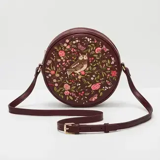 Fable England Chloe Owl Embroidered Circle Bag in Burgundy