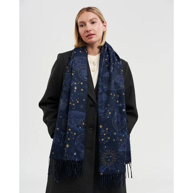 Fable England Zodiac Long Fringed Scarf in Navy