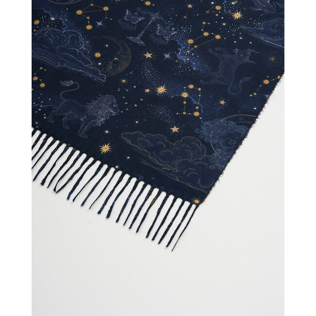 Fable England Zodiac Long Fringed Scarf in Navy