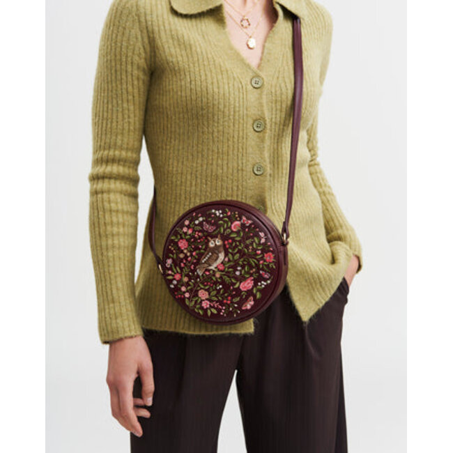 Fable England Chloe Owl Embroidered Circle Bag in Burgundy