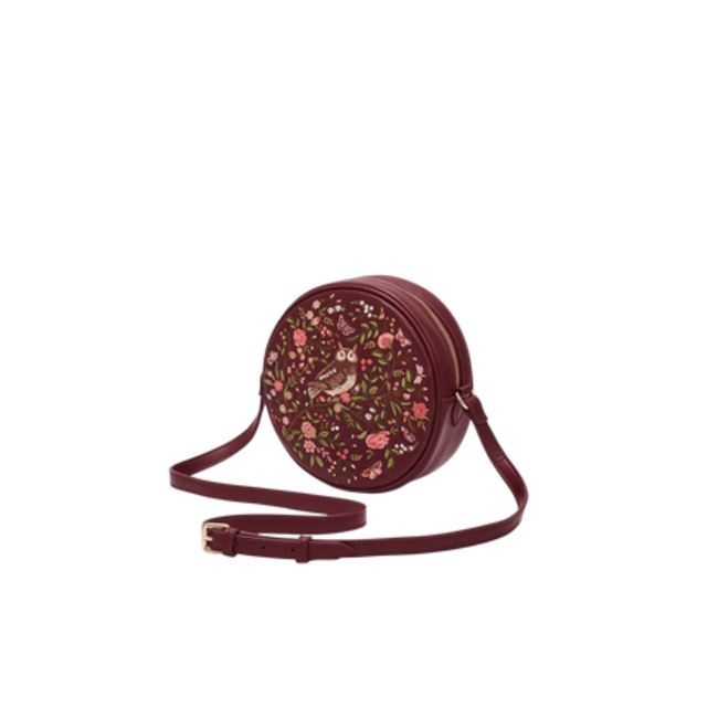 Fable England Chloe Owl Embroidered Circle Bag in Burgundy