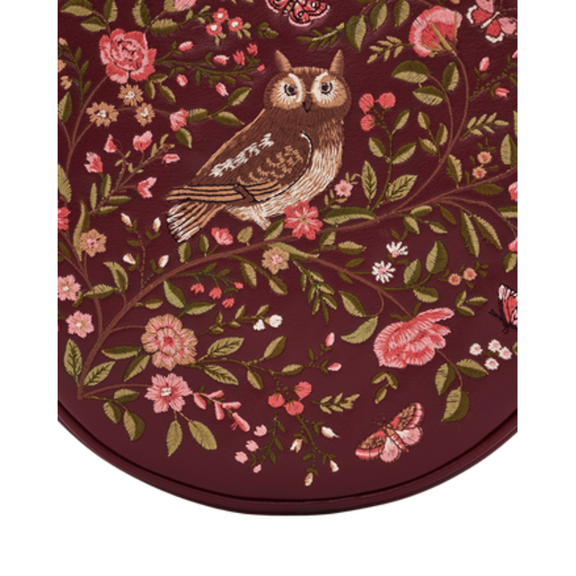 Fable England Chloe Owl Embroidered Circle Bag in Burgundy