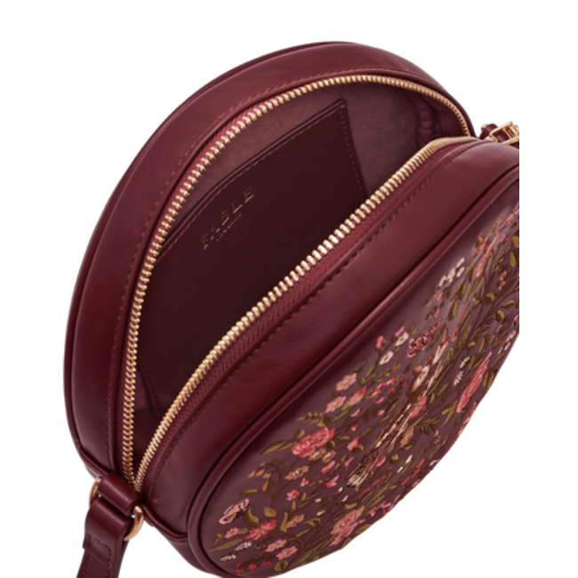 Fable England Chloe Owl Embroidered Circle Bag in Burgundy