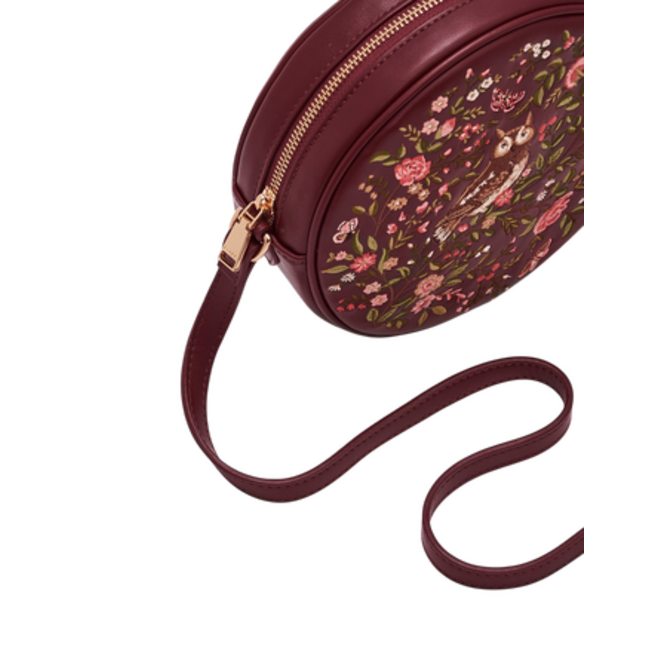Fable England Chloe Owl Embroidered Circle Bag in Burgundy