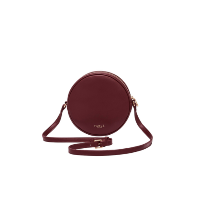 Fable England Chloe Owl Embroidered Circle Bag in Burgundy