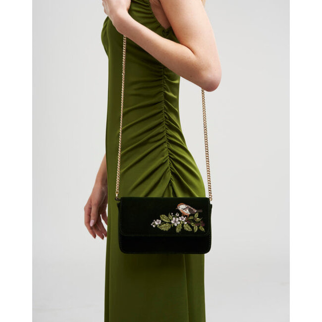 Fable England Sophia Wren Embroidered Occasion Bag in Green Velvet