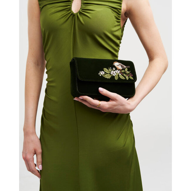 Fable England Sophia Wren Embroidered Occasion Bag in Green Velvet