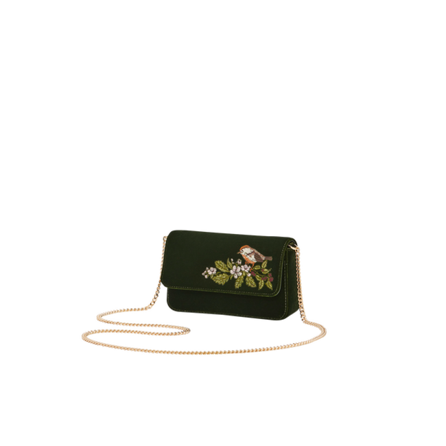 Fable England Sophia Wren Embroidered Occasion Bag in Green Velvet