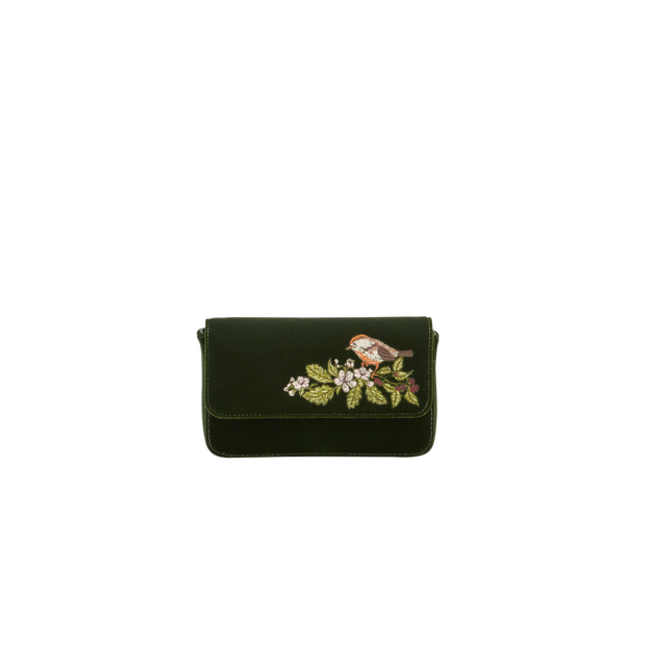 Fable England Sophia Wren Embroidered Occasion Bag in Green Velvet