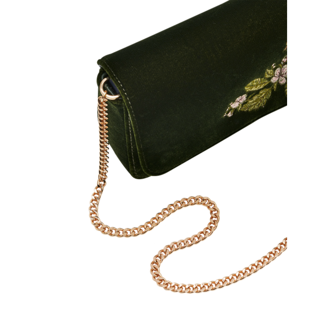 Fable England Sophia Wren Embroidered Occasion Bag in Green Velvet