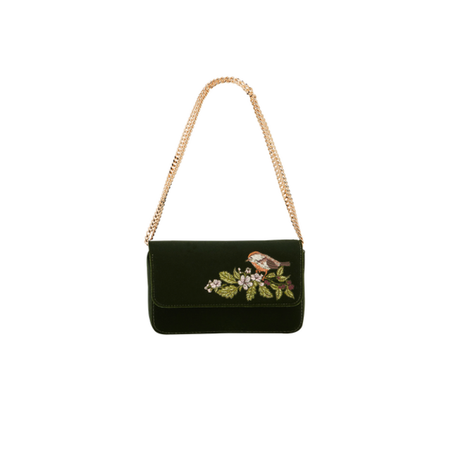 Fable England Sophia Wren Embroidered Occasion Bag in Green Velvet