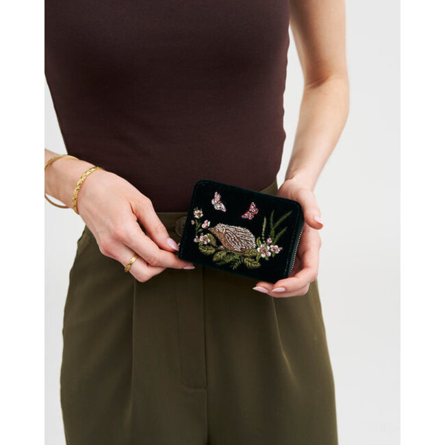 Fable England Hedgehog Embroidered Small Wallet in Forest Green Velvet