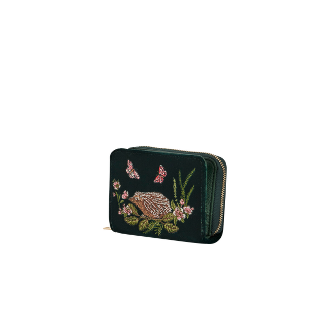 Fable England Hedgehog Embroidered Small Wallet in Forest Green Velvet