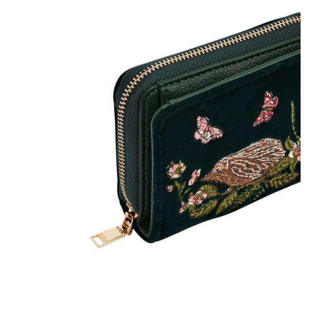 Fable England Hedgehog Embroidered Small Wallet in Forest Green Velvet