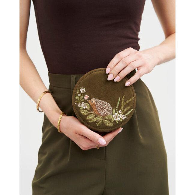 Fable England Hedgehog Embroidered Round Jewellery Box in Khaki Suedette
