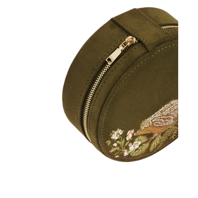 Fable England Hedgehog Embroidered Round Jewellery Box in Khaki Suedette