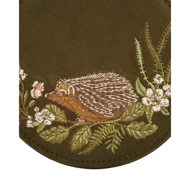 Fable England Hedgehog Embroidered Round Jewellery Box in Khaki Suedette