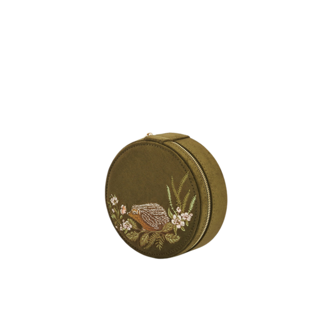 Fable England Hedgehog Embroidered Round Jewellery Box in Khaki Suedette