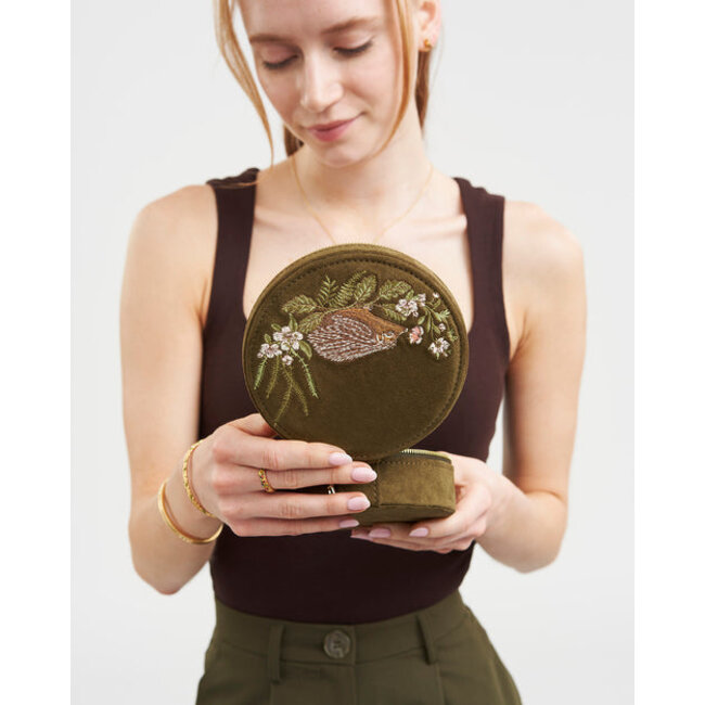 Fable England Hedgehog Embroidered Round Jewellery Box in Khaki Suedette