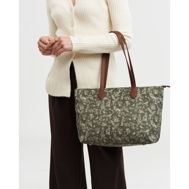 Fable England Edith Orla Scene Print Tote Bag in Khaki
