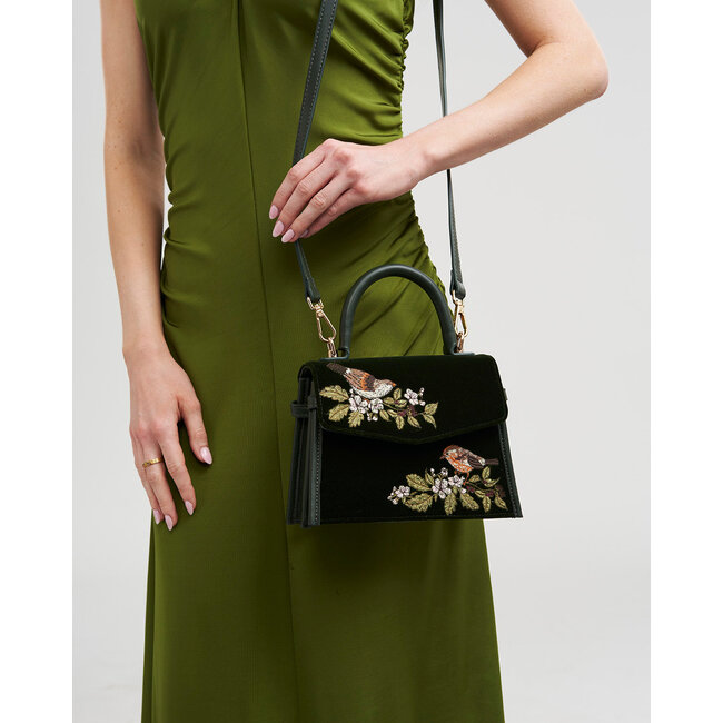 Fable England Eliza Wren Embroidered Top Handle Bag in Green Velvet