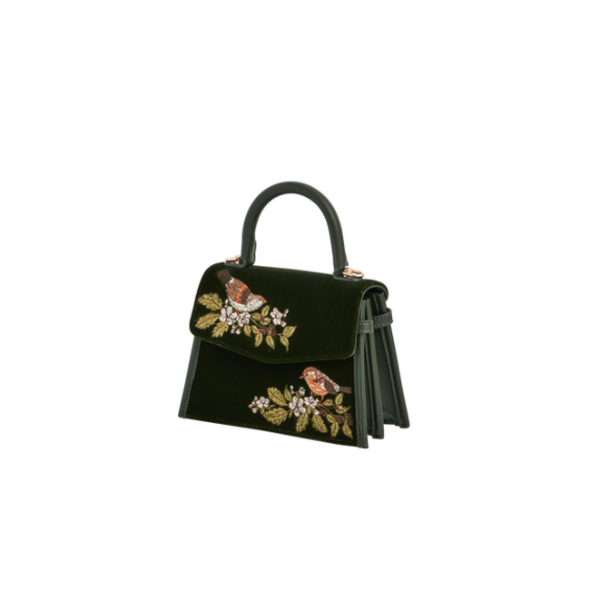 Fable England Eliza Wren Embroidered Top Handle Bag in Green Velvet